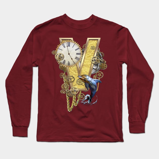 Letter V Birthday Steampunk & Dolphins Long Sleeve T-Shirt by Nadine8May